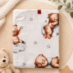 Бебешка муселинова памучна пелена със спящи мечета върху облаци 80 x 90 см