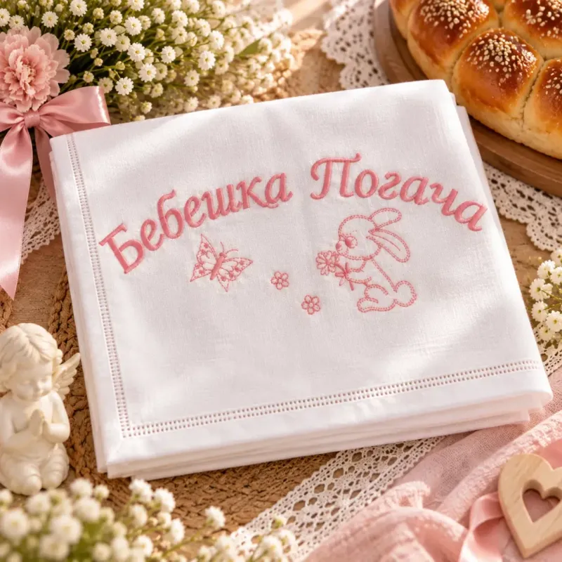Памучна кърпа за бебешка погача с розов бродиран надпис