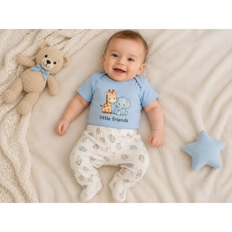 Бебешки комплект със синьо боди Little Friends с къс ръкав и бели ританки с щампа
