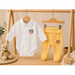 Бебешки памучен комплект с боди с яка „Mr ONEderful“ и жълти ританки