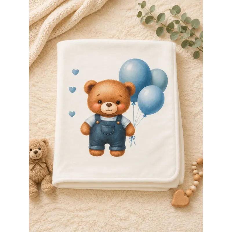 Бебешка памучна пелена с мече и балон 80 x 90 см